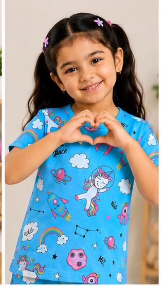Unicorn Space Adventure Kids Co-Ord Set – Blue Cartoon Printed T-Shirt & Shorts for Girls