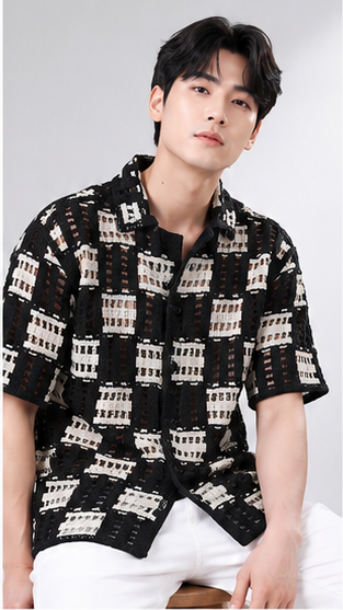 Men's Black & White Geometric Crochet Knit Shirt – Premium Handmade Resort Wear Shirt