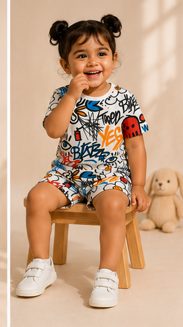 Urban Graffiti Print Kids Co-Ord Set – Trendy Cotton T-Shirt & Shorts for Girls