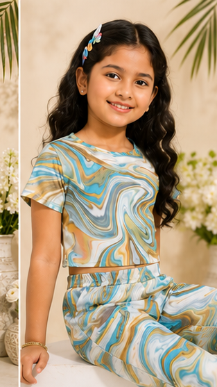 Girls Multicolor Marble Co-Ord Set | Kids Crop Top & Flared Pants Outfit | Trendy Casual Wear for Girls