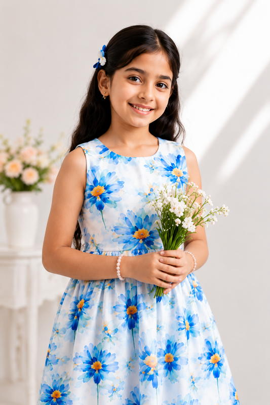 Girls Sky Blue Floral Print Fit & Flare Dress (Sleeveless)