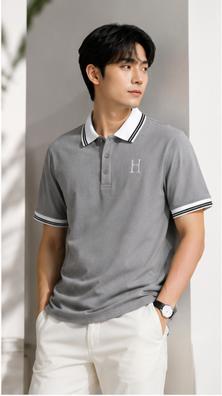 Men's Premium Light Grey Polo T-Shirt with White Contrast Collar | Classic Smart Casual Polo Tee