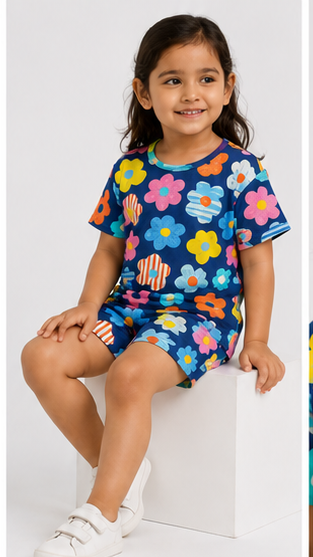 Colorful Floral Print Kids Co-Ord Set – Navy Blue Multicolor Flower T-Shirt & Shorts for Girls