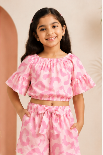 Girls Pink Leopard Print Off-Shoulder Co-ord Set with Tie-Up Shorts
