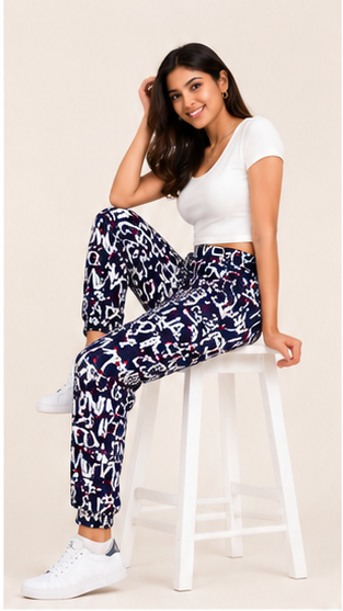 Women Navy Blue Printed Joggers – Stylish Slim Fit Casual Lounge & Streetwear Pants
