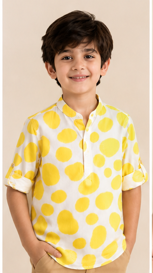 Boys White & Yellow Polka Dot Cotton Short Kurta Shirt – Trendy Summer Kidswear