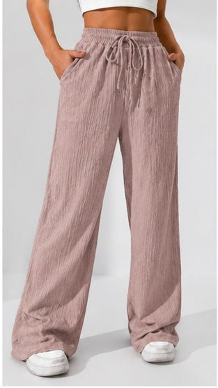 Dusty Rose Wide Leg Palazzo Pants for Women | Elastic Waist Crinkle Lounge Trousers