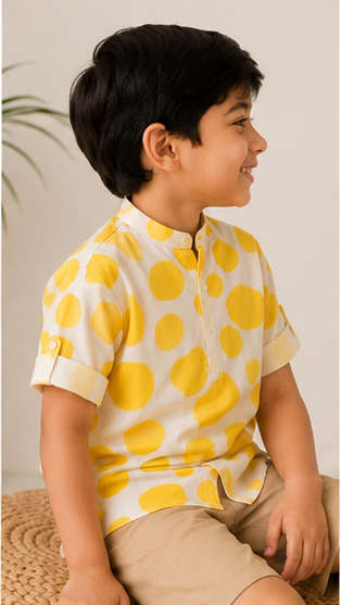 Boys White & Yellow Polka Dot Cotton Short Kurta Shirt – Trendy Summer Kidswear