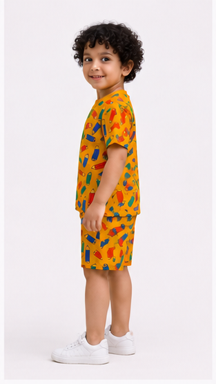 Colorful Pencil Print Kids Co-Ord Set – Cotton T-Shirt & Shorts Summer Outfit for Boys & Girls