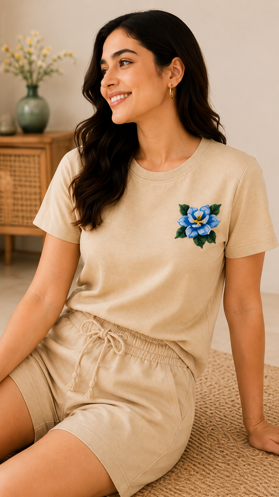Women’s Beige Floral Embroidered Co-Ord Set – Casual T-Shirt & Shorts Lounge Wear