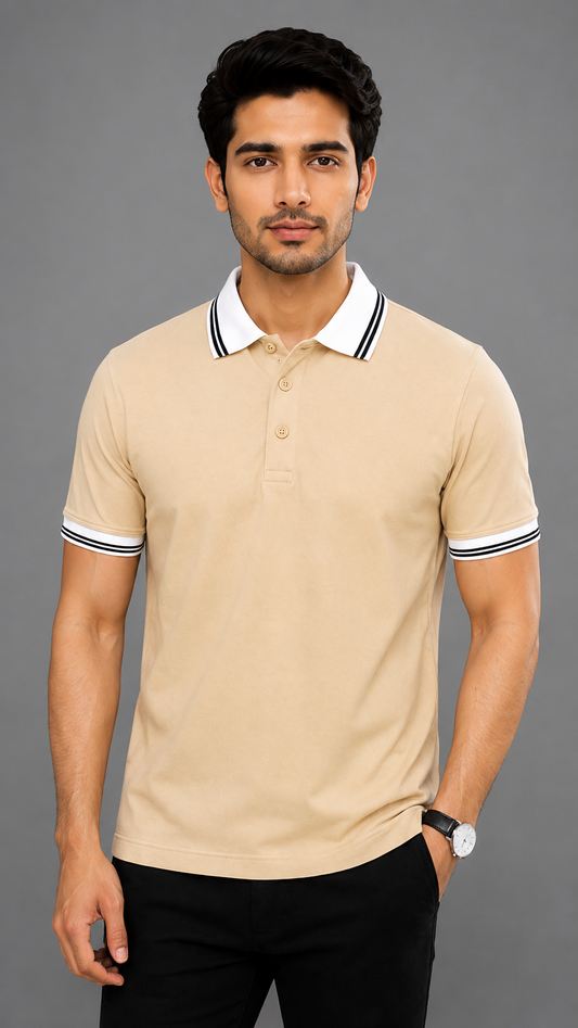 Men’s Premium Beige Polo T-Shirt with White Contrast Collar & Sleeve Stripes