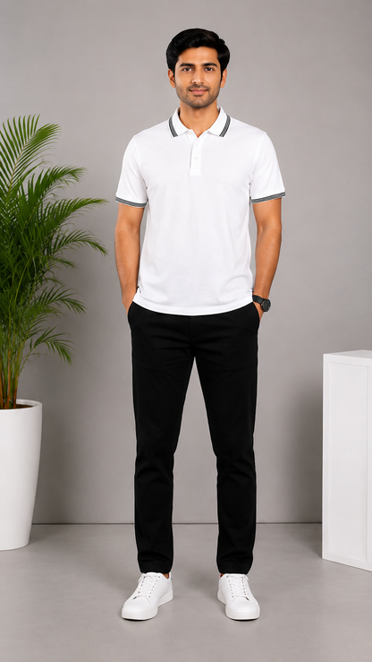 Men’s Premium White Polo T-Shirt with Black Contrast Collar & Sleeve Stripes