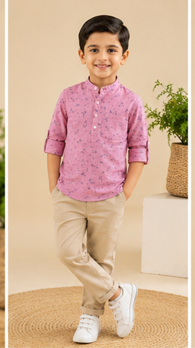 Boys Pink Floral Printed Mandarin Collar Cotton Shirt (Full Sleeve)