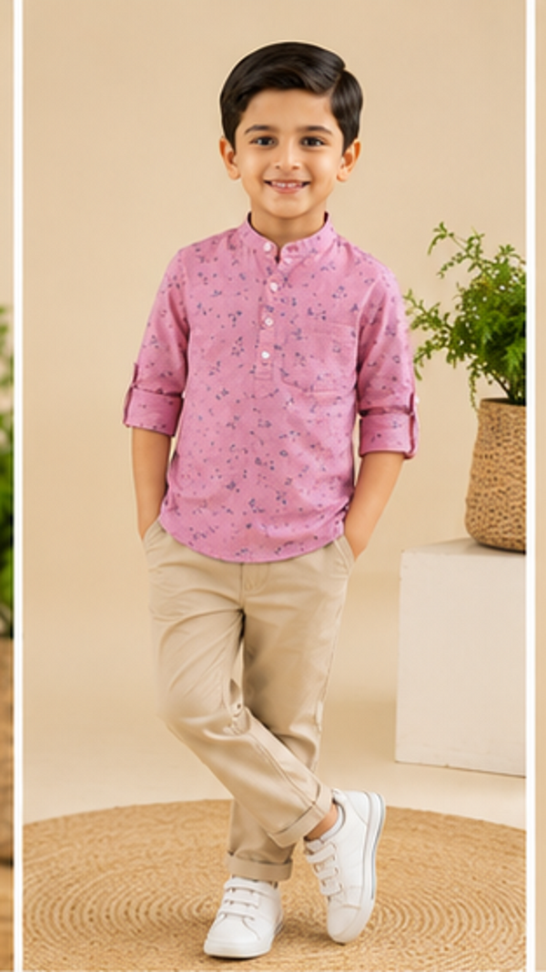 Boys Pink Floral Printed Mandarin Collar Cotton Shirt (Full Sleeve)