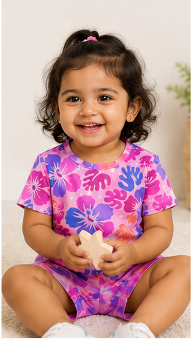 Tropical Floral Kids Co-Ord Set – Pink & Purple Hibiscus Printed T-Shirt & Shorts for Girls
