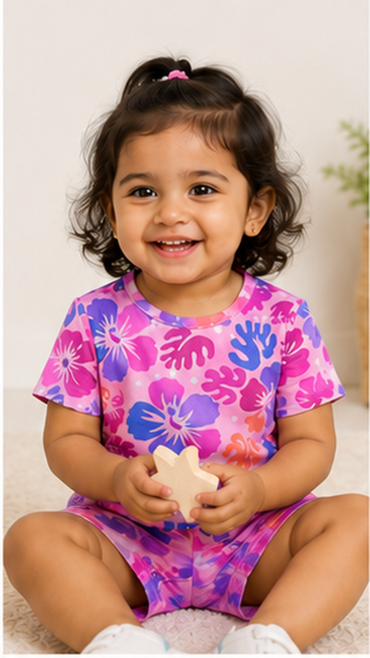 Tropical Floral Kids Co-Ord Set – Pink & Purple Hibiscus Printed T-Shirt & Shorts for Girls
