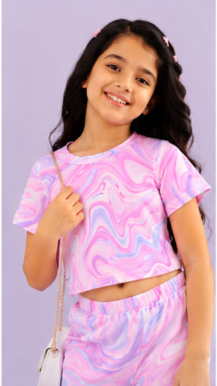 Girls Pastel Marble Co-Ord Set | Kids Crop Top & Flared Pants Outfit | Stylish Party Wear for Girls