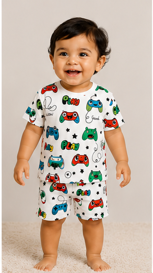 Kids Gaming Print Co-ord Set | Cartoon Game Controller T-Shirt & Shorts Summer Outfit for Boys