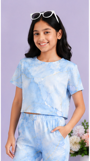Girls Sky Blue Marble Co-Ord Set | Kids Crop Top & Bell Bottom Pants Outfit | Trendy Western Wear for Girls