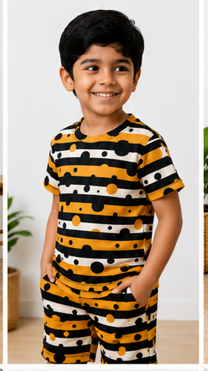 Bold Stripe & Polka Dot Kids Co-Ord Set – Trendy Cotton T-Shirt & Shorts Set