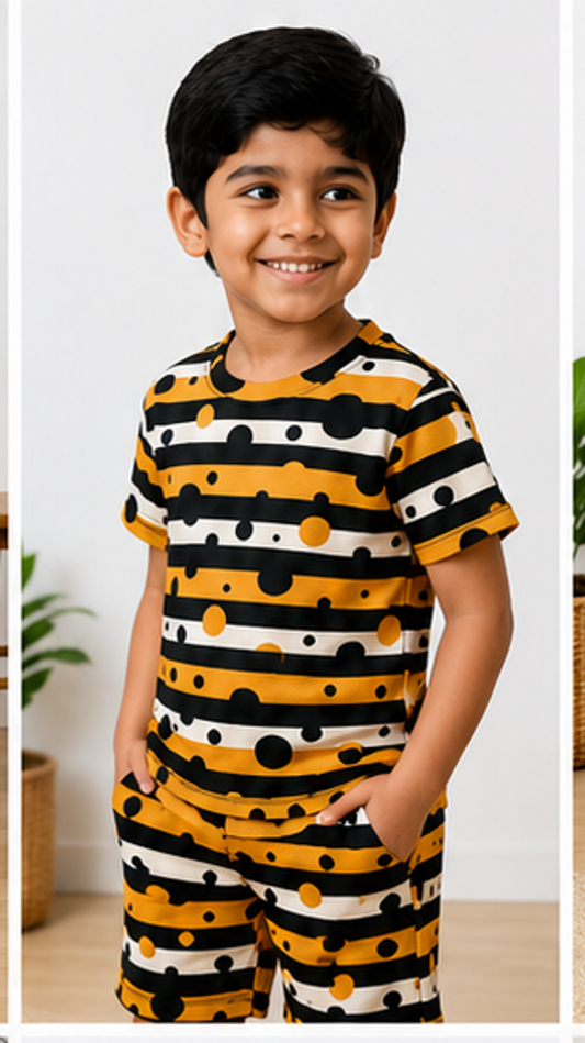 Bold Stripe & Polka Dot Kids Co-Ord Set – Trendy Cotton T-Shirt & Shorts Set