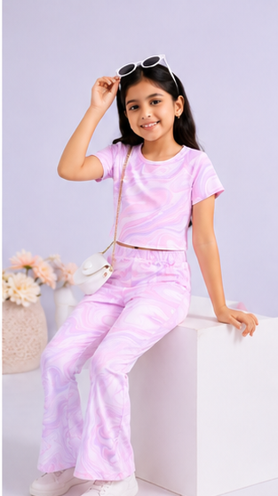 Girls Pastel Marble Co-Ord Set | Kids Crop Top & Flared Pants Outfit | Stylish Casual Wear for Girls
