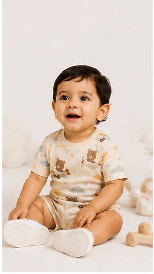 Cute Teddy Airplane Print Kids Co-Ord Set – Soft Cotton T-Shirt & Shorts Summer Outfit for Boys & Girls