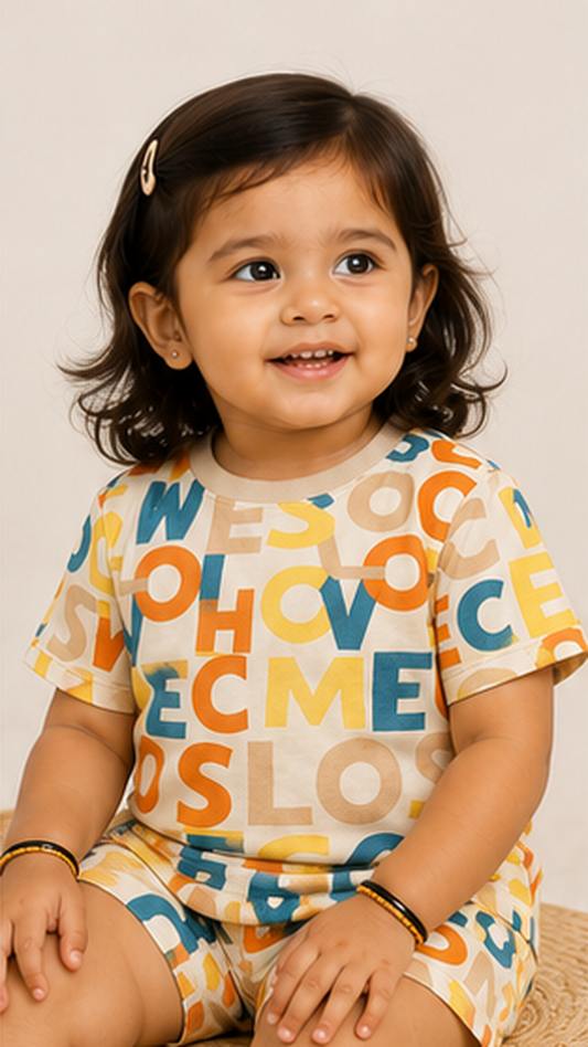 Beige Typography Kids Co-Ord Set – Colorful Alphabet Print T-Shirt & Shorts for Girls