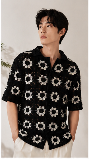 Men's Black Crochet Daisy Knit Shirt – Premium Handmade Floral Open Knit Resort Shirt