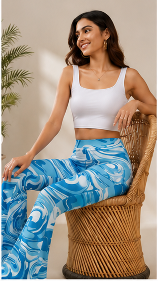Women Blue Marble Print Flared Pants – Stylish High Waist Casual & Streetwear Trousers