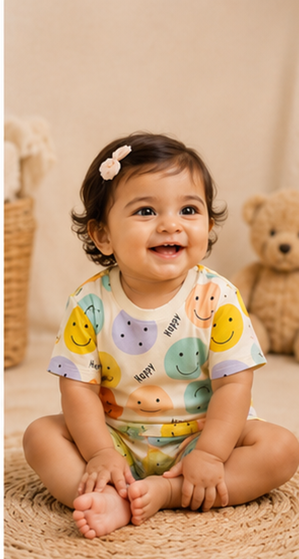 Happy Smiley Face Kids Co-Ord Set – Cute Printed Cotton T-Shirt & Shorts Set for Girls
