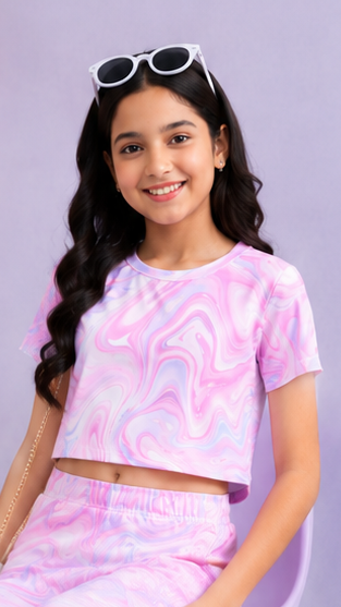 Girls Pink Marble Tie Dye Co-Ord Set | Kids Crop Top & Bell Bottom Pants | Stylish Summer Outfit for Girls