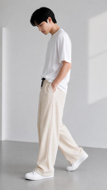 Horcun Men's Ivory Corduroy Drawstring Trousers | Premium Casual Pants