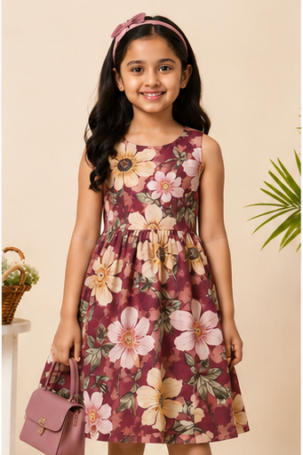 Girls Floral Fit & Flare Dress – Wine Maroon with Vintage Blossom Print