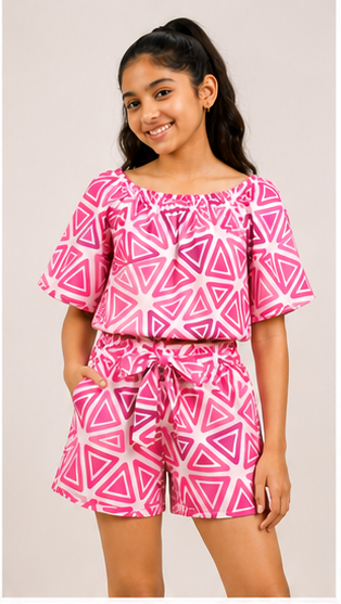 Girls Pink Geometric Off-Shoulder Co-ord Set with Tie-Up Shorts