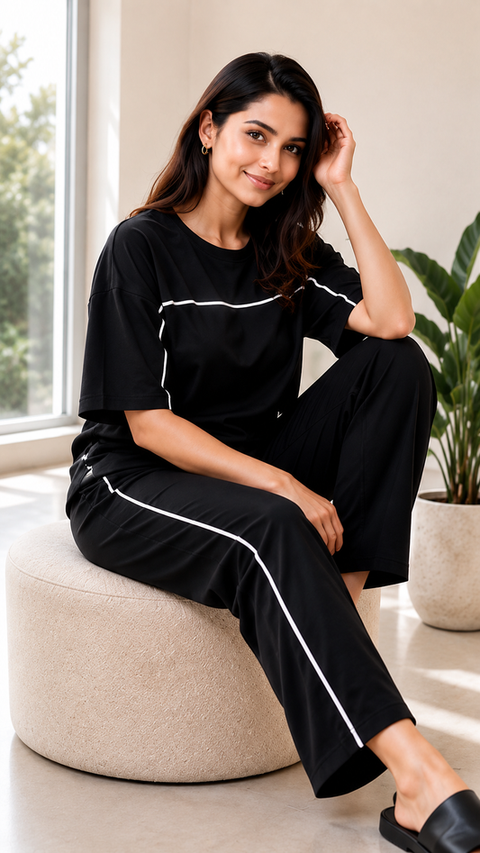 Women’s Black Co-ord Lounge Set | Premium Relaxed Fit T-Shirt & Straight Pants Set