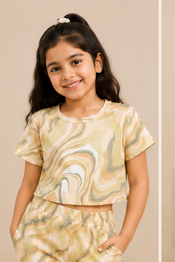 Girls Beige Marble Co-Ord Set | Kids Crop Top & Flared Pants Outfit | Trendy Western Wear for Girls