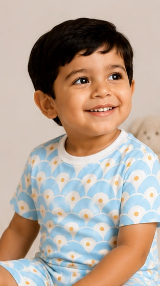 Sky Blue Scallop Print Kids Co-Ord Set | Soft Cotton Summer Outfit for Boys & Girls