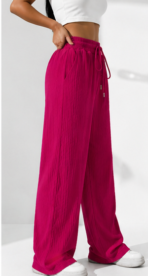 Fuchsia Pink Wide Leg Palazzo Pants for Women | Drawstring Elastic Waist Lounge Trousers