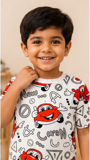 Cartoon Car Print Kids Co-Ord Set – Cotton T-Shirt & Shorts Summer Outfit for Boys