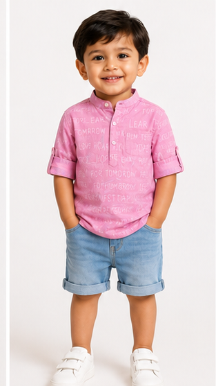 Boys Pink Typography Print Mandarin Collar Shirt (Full Sleeve)