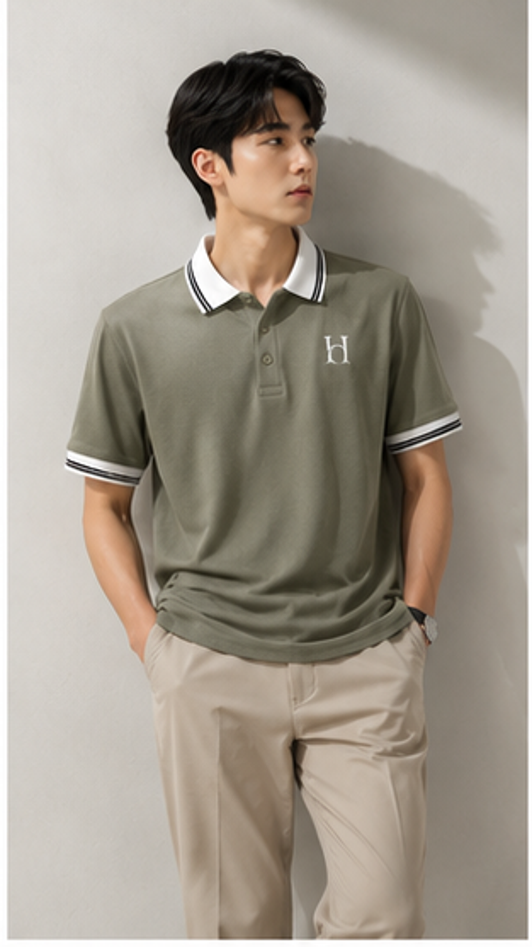 Men's Premium Olive Green Polo T-Shirt with White Contrast Collar | Smart Casual Half Sleeve Polo Tee