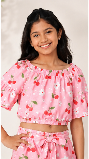 Girls Pink Cherry Print Off-Shoulder Co-ord Set with Tie-Up Shorts