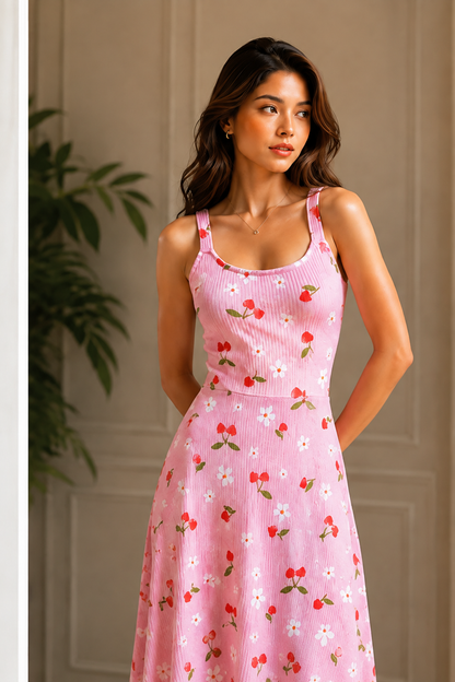 Horcun Women's Pink Cherry Blossom Printed Maxi Dress | Elegant Summer Wear