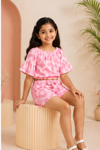 Girls Pink Leopard Print Off-Shoulder Co-ord Set with Tie-Up Shorts