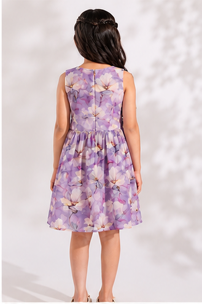 Girls Lavender Floral Print Fit & Flare Dress (Sleeveless)
