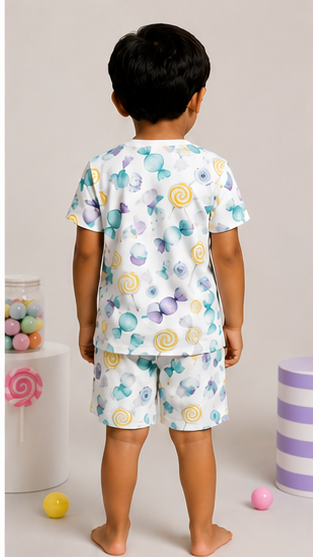 Kids Candy Print Co-ord Set | Cute Lollipop & Sweet Treat T-Shirt & Shorts Summer Outfit for Boys & Girls