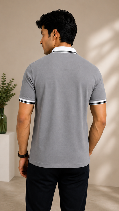 Men’s Premium Light Grey Polo T-Shirt with White Contrast Collar & Sleeve Stripes