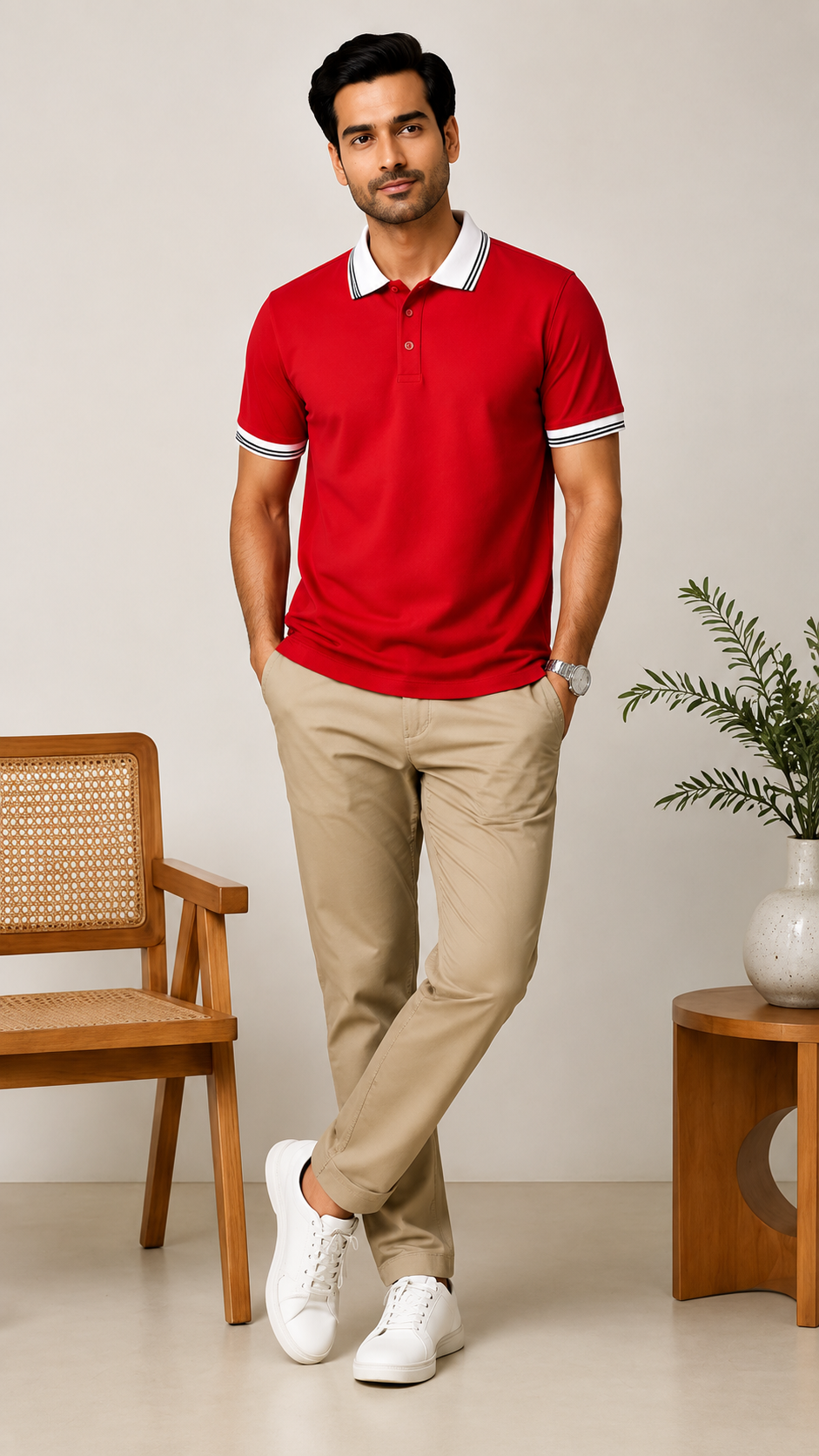 Men’s Premium Red Polo T-Shirt with White Contrast Collar & Sleeve Stripes