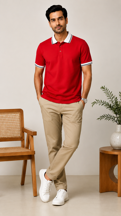 Men’s Premium Red Polo T-Shirt with White Contrast Collar & Sleeve Stripes